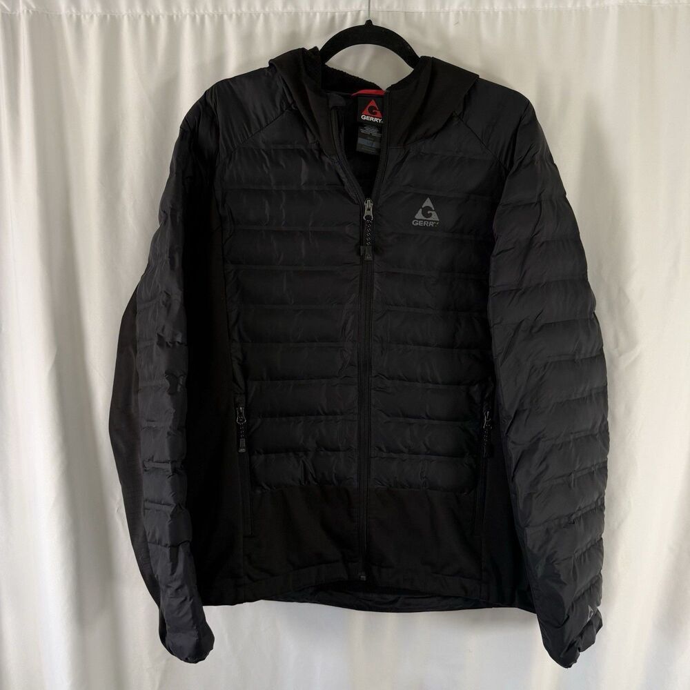 Gerry Puffer Jacket Men's Large Black Full Zip Hooded Pockets Nylon Polyester Fi